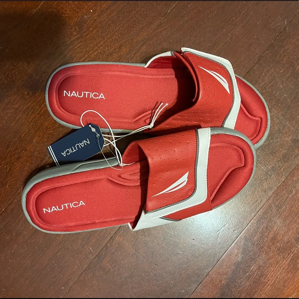 NWT Nautica Men Bilander Slide Sandals red slides Velcro